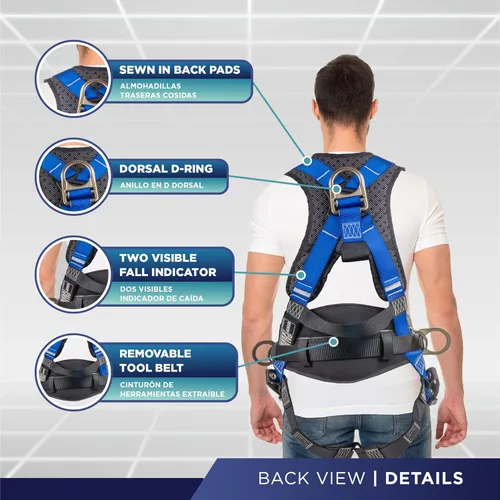 Miniatura 3 de Palmer Safety Hammerhead - Arnés de seguridad acolchado de 5 puntos, pecho QCB, correas de patas con hebilla de lengua, anillos en D traseros y Azul