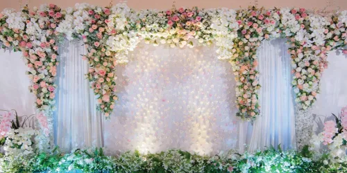Miniatura 5 de Telón de fondo floral de boda de 5 x 3 pies, cortina de escenario blanco, rosa rosa, fondo de fotografía para despedida de soltera, boda, fiesta