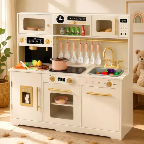 Juego de cocina de madera para niños pequeños, juego de cocina de juguete para niños, juego de simulación con 41 piezas de comida de juguete y