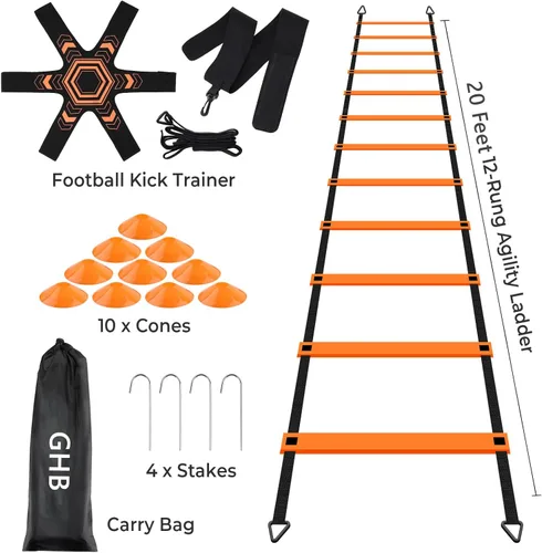 Miniatura 6 de GHB Pro Agility Ladder Soccer Kick Trainer Set 20ft 12 Rung 10 Cones and 4 Stakes Speed Agility Football Training Equipment with Carrying Bag Naranja
