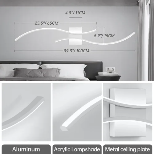 Miniatura 5 de CANEOE Aplique de pared moderno, lámpara de pared LED de tira larga blanca, lámpara de pared de interior con diseño ondulado de 39 pulgadas