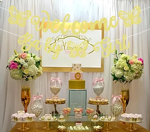 Miniatura 5 de Cartel de bienvenida preencordado para bebé niña, decoración de fiesta de bienvenida con purpurina dorada, perfecta para fiesta de revelación