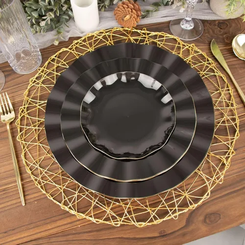 Miniatura 2 de Tableclothsfactory Paquete de 10 platos redondos de plástico negro de 6 pulgadas para ensalada de postre, platos desechables con borde ondulado