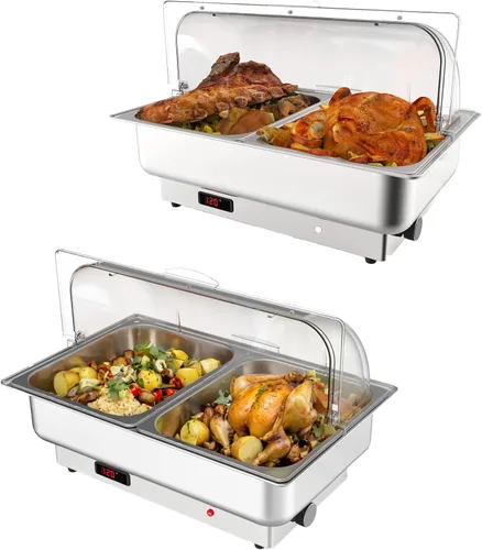Miniatura 11 de GarveeHome Juego de bufé eléctrico de acero inoxidable con tapa enrollable con 1 sartén de 9 cuartos de galón, control de temperatura de 400 W