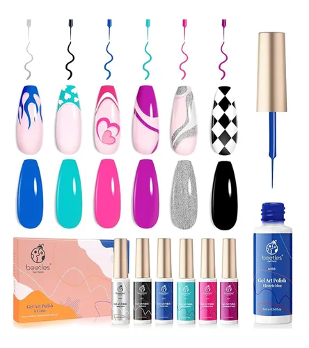 Miniatura 9 de Beetles - Juego de esmalte de uñas de gel con líneas de arte, esmalte de uñas de gel en blanco, oro y rojo con purpurina, punta francesa neón, uñas