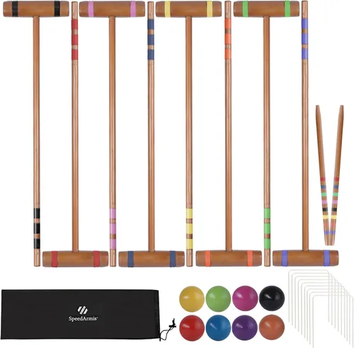 Miniatura 8 de SpeedArmis Juego de fiesta de croquet de 28 pulgadas para 8 jugadores, hecho de madera de pino de larga duración, diversión familiar para patios