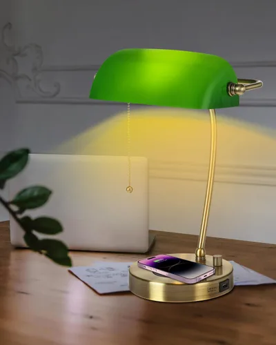 Miniatura 3 de Lámpara de Escritorio de Banquero de Cristal Verde con Cargador Inalámbrico, Puerto de Carga USB para Oficina en Casa, Lámpara de Mesa Regulable sin