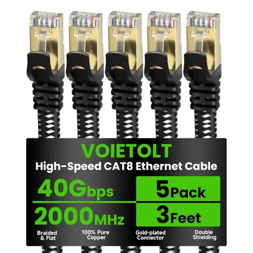 Miniatura 20 de Cable Ethernet Cat 8 de 20 pies plano, cable de Internet trenzado de alta velocidad de 40 Gbps 2000 MHz con RJ45 chapado en oro SSTP, cable LAN