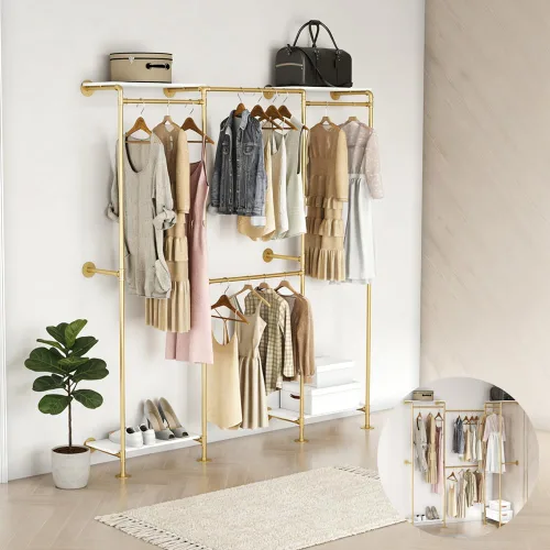 Miniatura 10 de KaKaBB Perchero industrial de tubería, perchero de pared para colgar ropa, perchero de esquina ajustable en forma de L con estantes, sistema de Negro