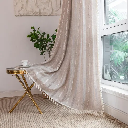 Miniatura 13 de 2 paneles de cortinas de lino semiopacas para ventana, bohemias y rústicas, con rayas bordadas y bolsillo para cortinero, para sala de estar