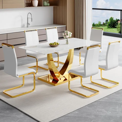 Miniatura 29 de Juego de mesa de comedor de 63 pulgadas para 4, juego de mesa de comedor dorado moderno para 4, juego de mesa de cocina de mármol sintético con negro