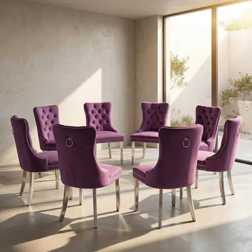 Miniatura 9 de Juego de 2 sillas de comedor de terciopelo, sillas de comedor copetudas de mediados de siglo con anillo trasero de cabeza de clavo, patas de metal