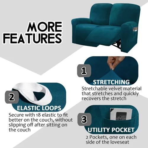 Miniatura 3 de ULTICOR Funda reclinable para sofá biplaza, 48 a 65 pulgadas de largo, 6 fundas de sofá reclinable elásticas de terciopelo de 2 asientos, funda Deep