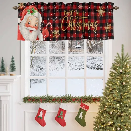 Miniatura 3 de Cenefa de Navidad para ventanas, cenefas de Papá Noel, cenefa con bolsillo para barra, tratamientos de ventana, cortinas cortas a cuadros rojos