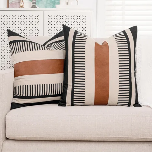 Miniatura 25 de Funda de almohada bohemia de color blanco y negro con piel, funda de cojín moderna de 22 x 22 pulgadas, funda de almohada de rayas estilo campestre