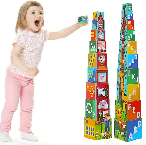 Bloques de clasificación y apilamiento de animales - Juguete educativo de ABC y números para bebés y niños pequeños - Torre de aprendizaje