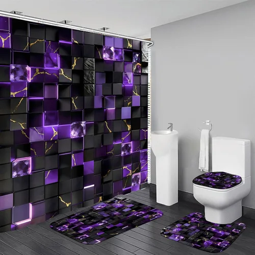 Miniatura 9 de LQCOOL Juego de 4 piezas de cortina de ducha azul con cubos 3D, juegos de baño, juego de cortina de ducha moderna para juegos de baño con alfombras
