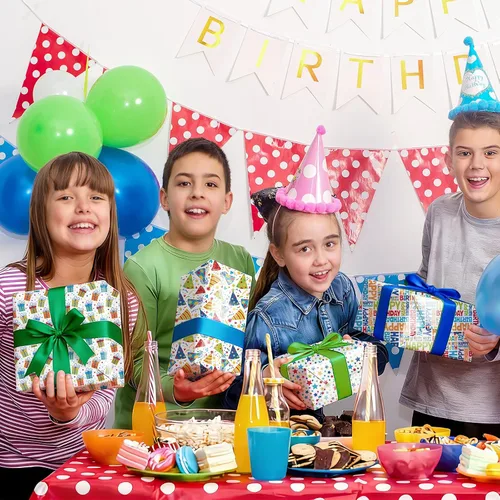 Miniatura 3 de Hojas de papel de regalo de cumpleaños, paquete de 8 envolturas de regalo para regalos de cumpleaños infantiles, 4 diseños coloridos con feliz