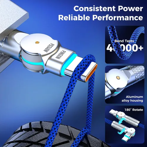 Miniatura 6 de Cable USB C a USB C de 6.6 pies, 240 W, paquete de 2 cables de carga tipo C trenzados giratorios de 180°, carga rápida para iPhone