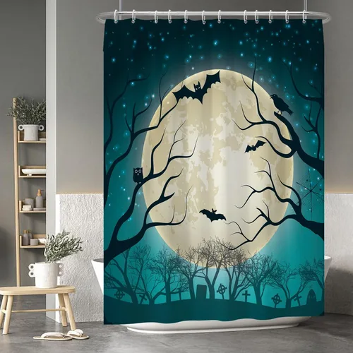 Miniatura 15 de Cortina de ducha de fantasma y gato negro para niños, 36 x 72 pulgadas, espeluznante y bonita, cortina de baño de Halloween con 6 ganchos, cortina