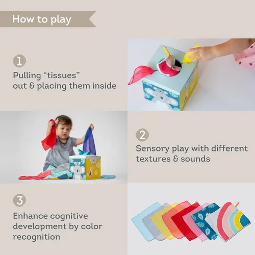 Miniatura 3 de Taf Toys Caja de Pañuelos Sensoriales Arrugados para Niños Pequeños. Juguete STEM Montessori con Pañuelos Suaves Coloridos y Mantitas Crujientes