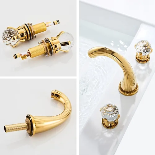 Miniatura 3 de Grifo de lavabo de baño de 3 agujeros montado en la cubierta de latón generalizado grifo de baño manija de cristal grifo mezclador oro Ti-PVD