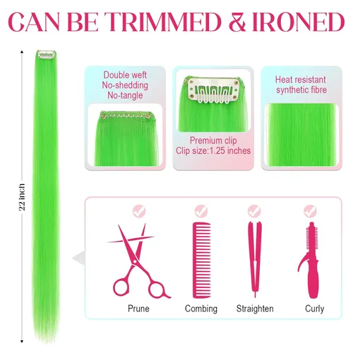 Miniatura 3 de FELENDY 12 extensiones de cabello con clip de color, lacio, ondulado, sintético, para mujer, verde claro