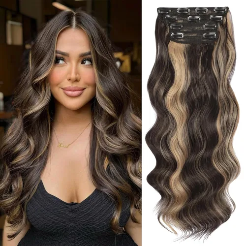 Miniatura 17 de Extensiones de cabello con clip de Vigorous de 20 pulgadas, con reflejos rubio playa, extensiones de cabello ondulado largo y suave de cabello