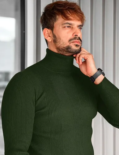 Miniatura 3 de Suéteres casuales de cuello alto para hombre, de punto acanalado suave, térmicos, básicos