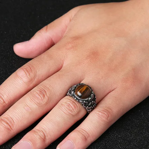 Miniatura 5 de HZMAN Anillo de boda retro de acero inoxidable gótico con piedra de ojo de tigre, turquesa, talla 7-14