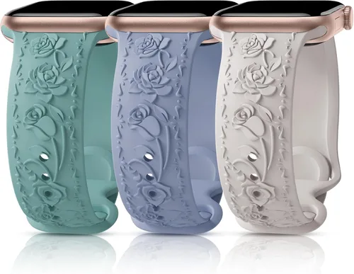 Miniatura 9 de 3 Packs Floral Engraved Bands Compatible with Apple Watch Band 40mm 41mm 38mm 42mm 44mm 45mm 49mm for Women, Silicone Cute Embossed Rose Apple Watch