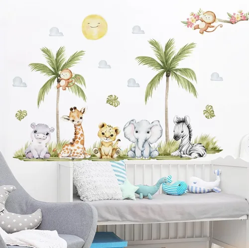 Calcomanías de pared de animales de acuarela de 56.29 x 44.88 pulgadas, calcomanías de animales de selva, tigre, elefante, cebra, jirafa, mono,