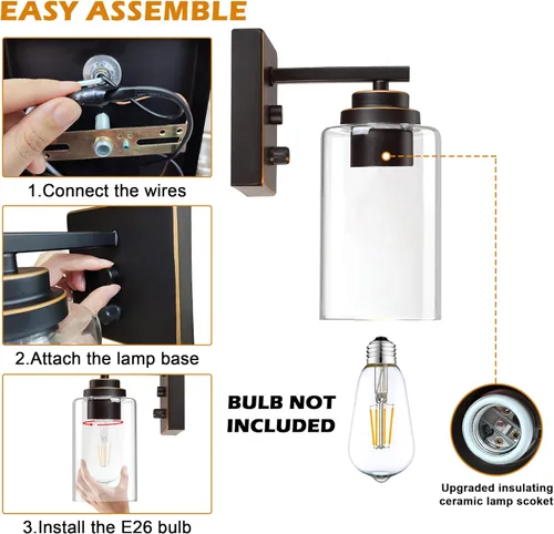 Miniatura 5 de Pia Ricco Juego de 2 apliques de pared, lámparas de pared con interruptor para dormitorio, modernas lámparas de baño con pantalla de vidrio Bronce