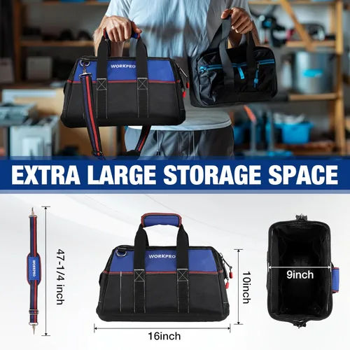 Miniatura 2 de WORKPRO - Bolso de herramientas de 16 pulgadas con abertura ancha, tela resistente con base moldeada impermeable, correa de hombro ajustable Azul