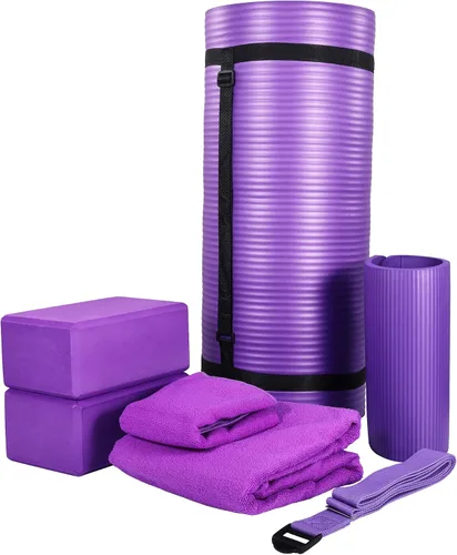 Miniatura 14 de BalanceFrom Juego de yoga de 7 piezas con esterilla extra gruesa de 71 x 24 x 1 pulgadas y correa de transporte – Incluye 2 bloques, correa de Rosado