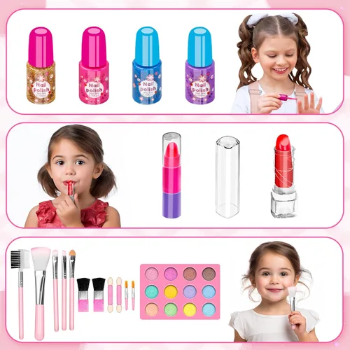 Miniatura 4 de 58Pcs Kit de maquillaje para niños para niña - Juego de cosméticos lavables reales con espejo iluminado - Juegos de maquillaje para niñas