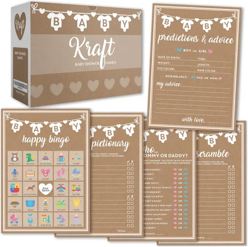 Miniatura 10 de Party Hearty Juegos de baby shower para niña o niño, 250 piezas de 5 juegos de tarjetas de actividades, divertidos juegos de baby shower, género