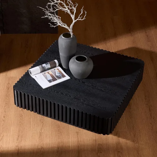 Miniatura 3 de Mesa de Centro Cuadrada de 35.43'' para Sala de Estar Mesa de Centro Acanalada Mesa Central Moderna con Pedestal para Apartamento Negro