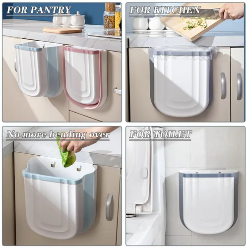 Miniatura 7 de Cubo de Basura Plegable Montado en la Pared para Gabinete de Cocina - Contenedor de Residuos Pequeño Colgante de 2.4 Galones, Cubo de Basura