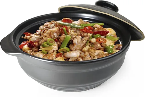Miniatura 11 de Cacerola de arcilla de 50 onzas, resistente al calor, tazones de cerámica de alta calidad, tapa para cocinar, sopa color negro y blanco