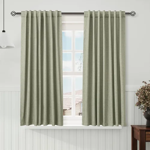 Miniatura 31 de Cortinas de lino 100% opacas para dormitorio, 102 pulgadas de largo, con pestaña trasera, bolsillo para barra, paneles acústicos con aislamiento