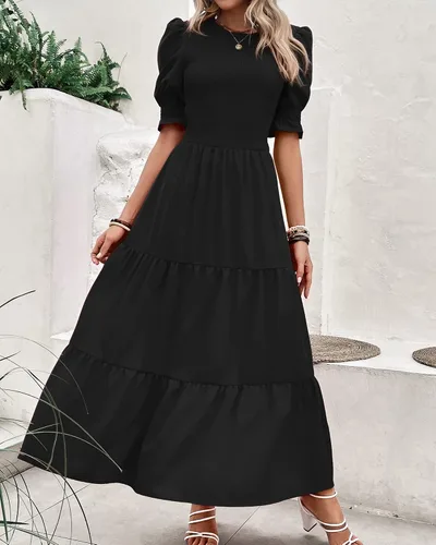 Miniatura 41 de BTFBM Vestidos para mujer, cuello redondo, casual, de verano, con volantes, manga corta, bohemio, con niveles, fruncido, largo, con estampado floral