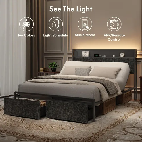 Miniatura 6 de FLEXISPOT Cama ajustable Queen con cabecera de almacenamiento, estación de carga, inclinación de la cabeza, iluminación LED, cajones