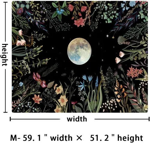 Miniatura 7 de Amhokhui Tapiz de jardín iluminado por la luna, tapiz bohemio de luna, tapiz floral de flores, tapices de plantas coloridas, tapices negros