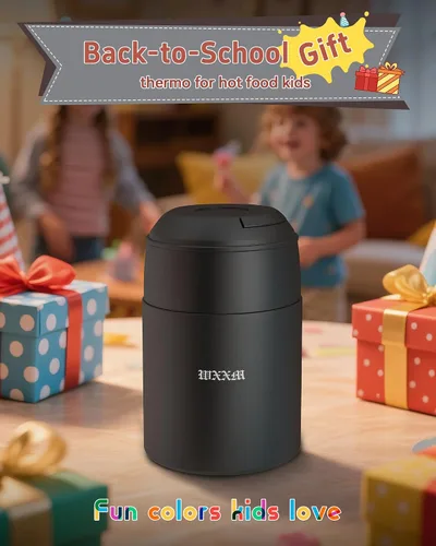 Miniatura 9 de Termo de Sopa de 10 oz para Comida Caliente para Niños, Frasco de Comida Aislado con Cuchara de Boca Ancha, Contenedor de Almuerzo de Acero Negro