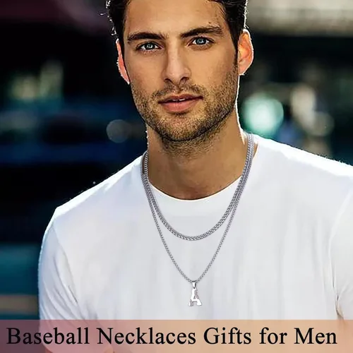 Miniatura 2 de STORUP Collares de béisbol para niños y hombres, de acero inoxidable en capas plateadas, doradas, negras, iniciales, collares de béisbol para niños