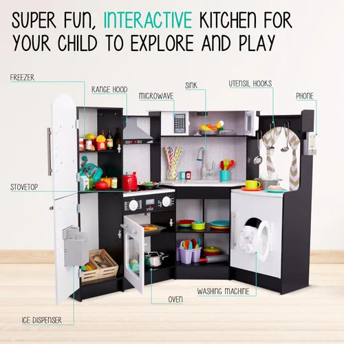Miniatura 2 de Lil' Jumbl Juego de cocina de esquina para niños, cocina de lujo de madera de simulación, máquina de hielo a pilas, estufa y grifo con sonido Negro