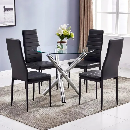Miniatura 14 de Juego de mesa de comedor de 5 piezas, moderno juego de mesa de comedor negro para 4, mesa de comedor de cocina de vidrio templado con 4 sillas