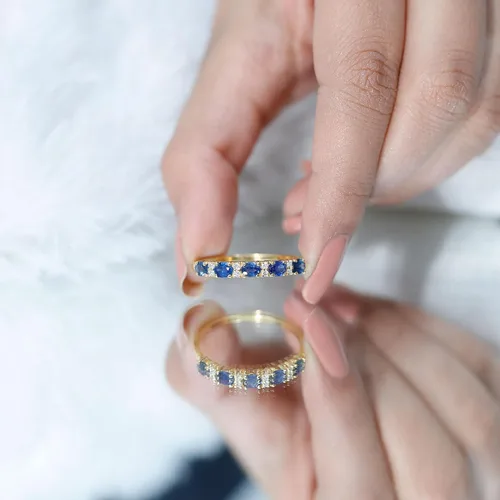 Miniatura 13 de Natural Blue Sapphire Diamond Wedding Band, AAA Quality, Blue Sapphire East West Ring For Women - Ideal For Gift