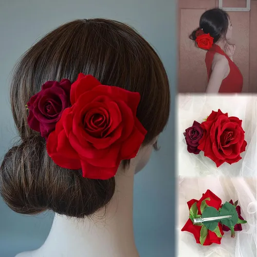 Peines de pelo de flores, flor de rosa, bohemia, horquilla, novia, decoración para el cabello, para fiesta, boda, rojo y vino Rojo y rojo vino